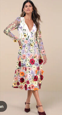Lulus Impressive Blossom White 3D Floral Embroidered Midi Dress NEW Small 4-6